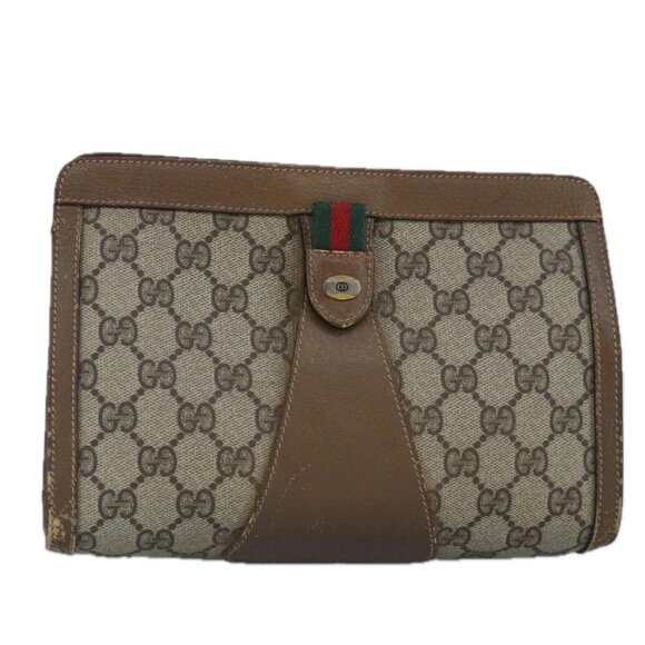 GUCCI GG Supreme Web Sherry Line Clutch Bag PVC Beige Red Auth 98953 - Picture 1 of 16
